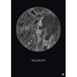 Affiche Wellington – Poster vue satellite 6km N&B | Gravura – Fond foncé