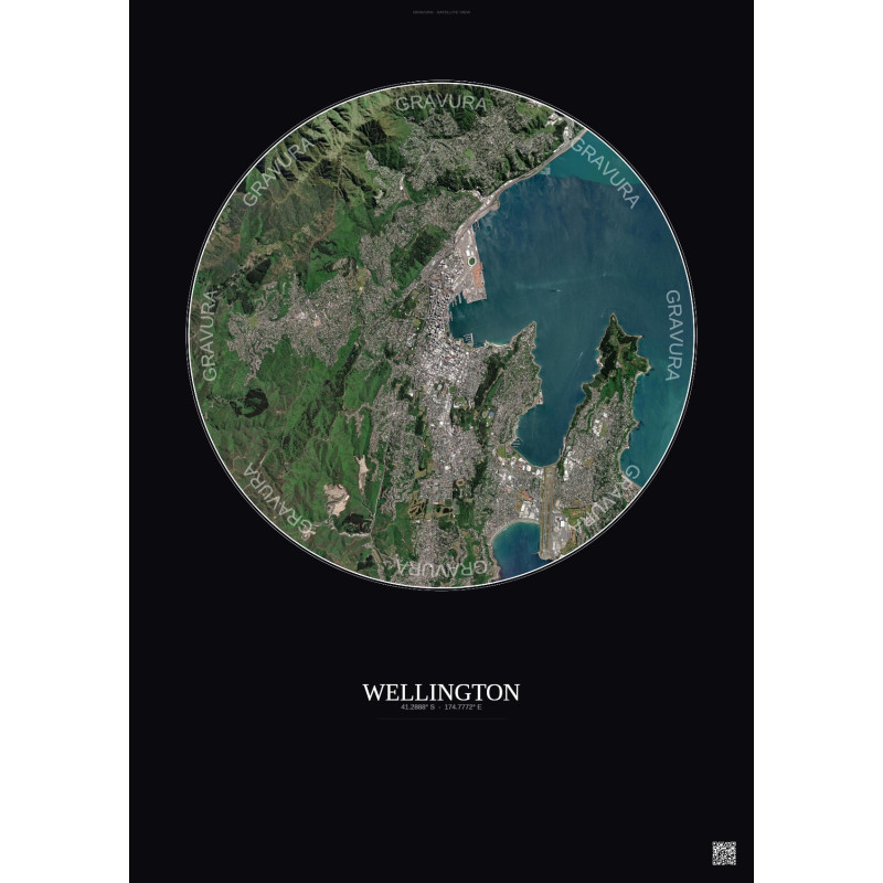 Affiche Wellington – Poster vue satellite 6km Couleur | Gravura – Fond foncé