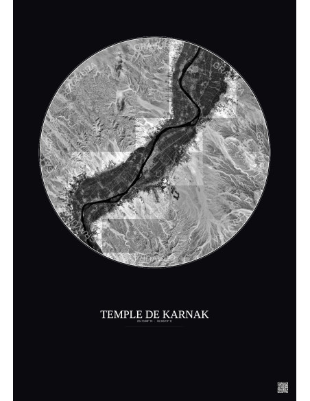 Affiche Temple De Karnak – Poster vue satellite 30km N&B | Gravura – Fond foncé