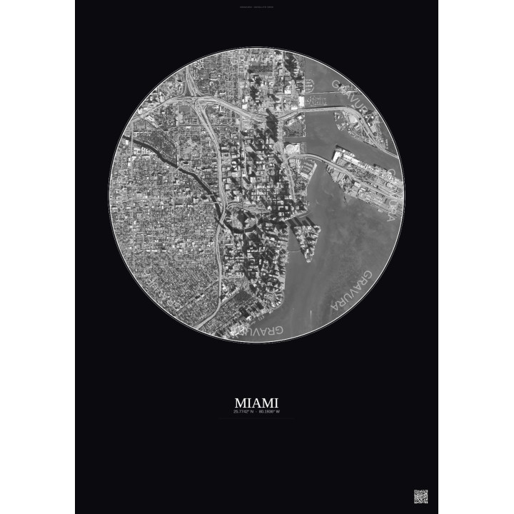 Affiche Miami – Poster vue satellite 2.5km N&B | Gravura – Fond foncé