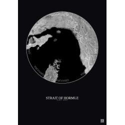 Affiche Strait Of Hormuz – Poster vue satellite 100km N&B | Gravura – Fond foncé