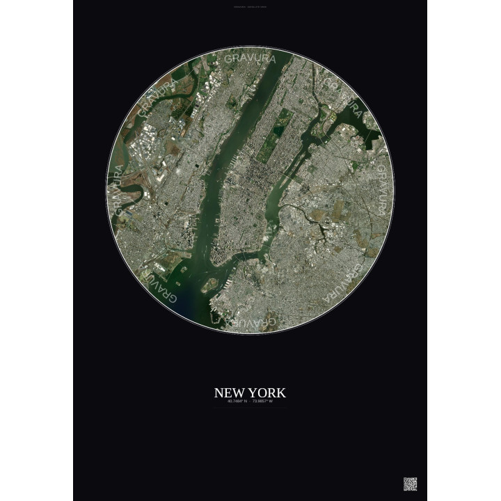 Affiche New York – Poster vue satellite 10km Couleur | Gravura – Fond foncé