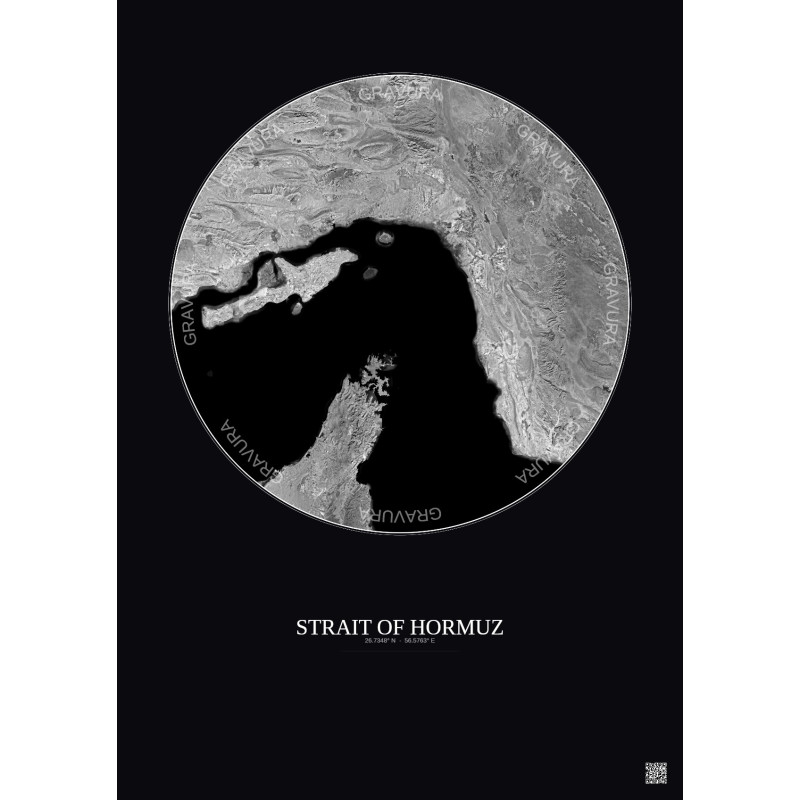 Affiche Strait Of Hormuz – Poster vue satellite 150km N&B | Gravura – Fond foncé