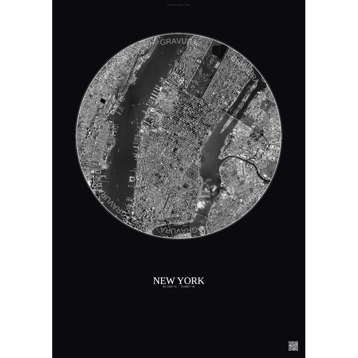 Affiche New York – Poster vue satellite 5km N&B | Gravura – Fond foncé