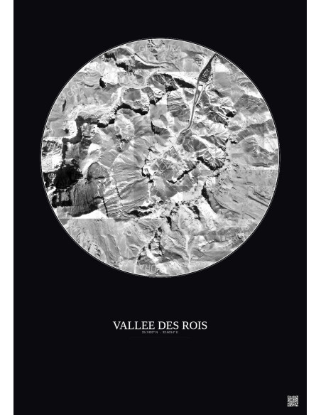 Affiche Vallee Des Rois – Poster vue satellite 1km N&B | Gravura – Fond foncé