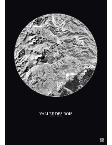 Affiche Vallee Des Rois – Poster vue satellite 2.5km N&B | Gravura – Fond foncé