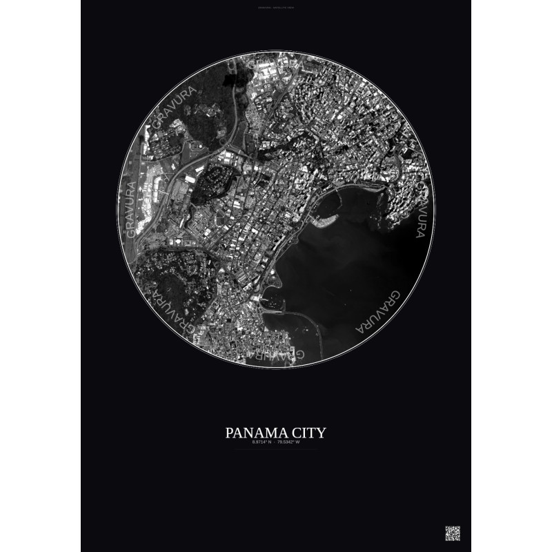 Affiche Panama City – Poster vue satellite 2.5km N&B | Gravura – Fond foncé