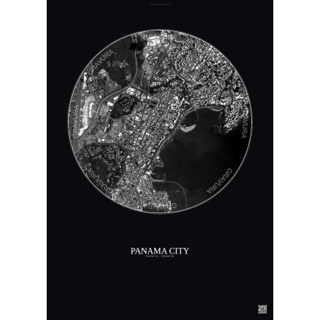 Affiche Panama City – Poster vue satellite 2.5km N&B | Gravura – Fond foncé