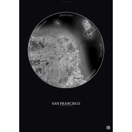 Affiche San Francisco – Poster vue satellite 6km N&B | Gravura – Fond foncé