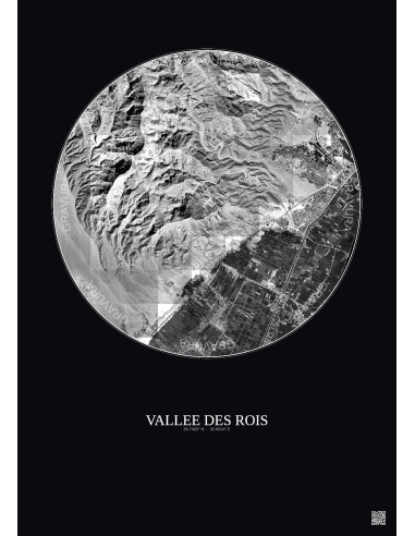 Affiche Vallee Des Rois – Poster vue satellite 5km N&B | Gravura – Fond foncé