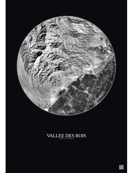 Affiche Vallee Des Rois – Poster vue satellite 5km N&B | Gravura – Fond foncé