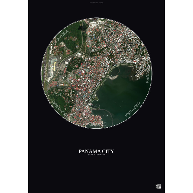 Affiche Panama City – Poster vue satellite 2.5km Couleur | Gravura – Fond foncé