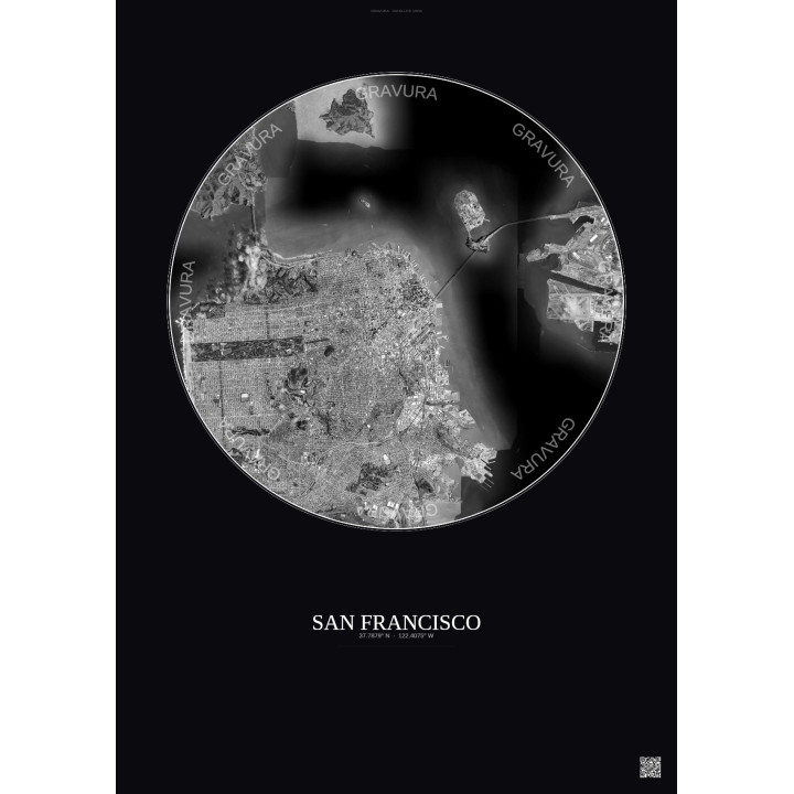 Affiche San Francisco – Poster vue satellite 10km N&B | Gravura – Fond foncé