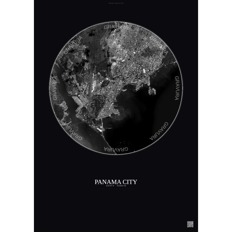 Affiche Panama City – Poster vue satellite 6km N&B | Gravura – Fond foncé
