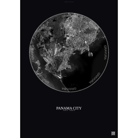 Affiche Panama City – Poster vue satellite 6km N&B | Gravura – Fond foncé
