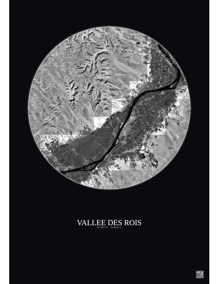 Affiche Vallee Des Rois – Poster vue satellite 20km N&B | Gravura – Fond foncé