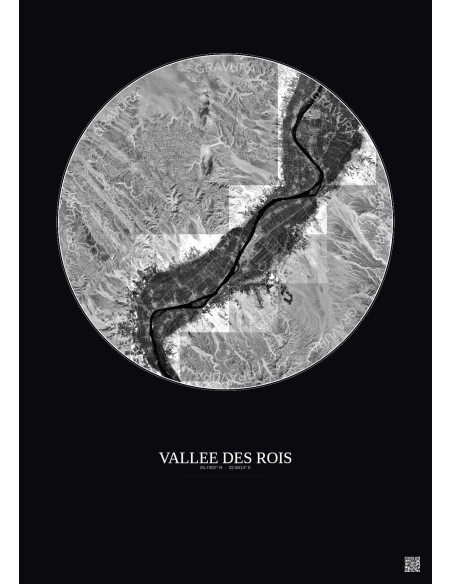 Vallee Des Rois Satellite View Poster 30km B&W | Gravura – Dark background
