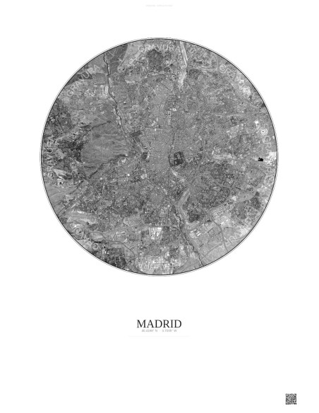 Affiche Madrid – Poster vue satellite 10km N&B | Gravura – Fond clair