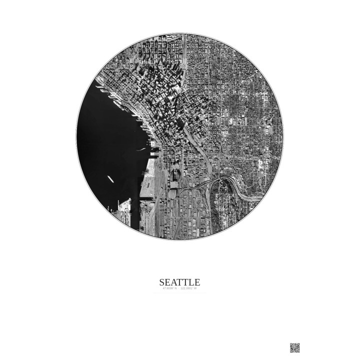 Affiche Seattle – Poster vue satellite 2.5km N&B | Gravura – Fond clair