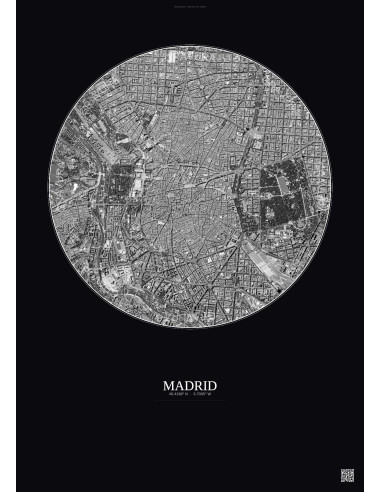 Affiche Madrid – Poster vue satellite 2.5km N&B | Gravura – Fond foncé