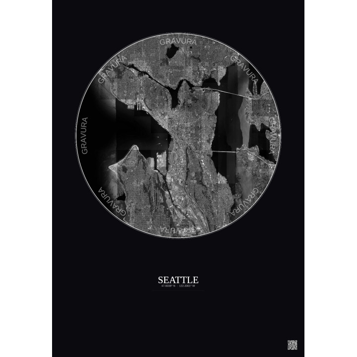 Affiche Seattle – Poster vue satellite 10km N&B | Gravura – Fond foncé