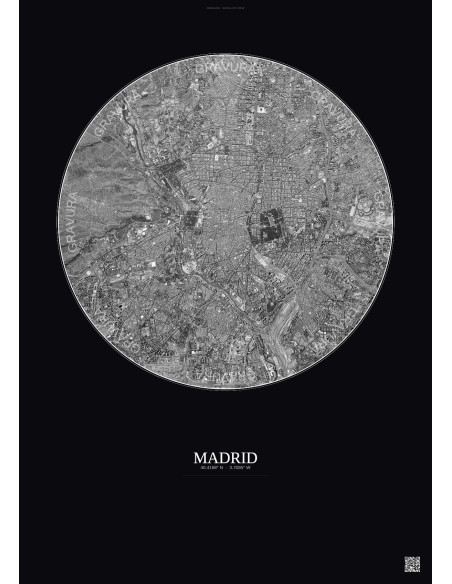 Affiche Madrid – Poster vue satellite 6km N&B | Gravura – Fond foncé