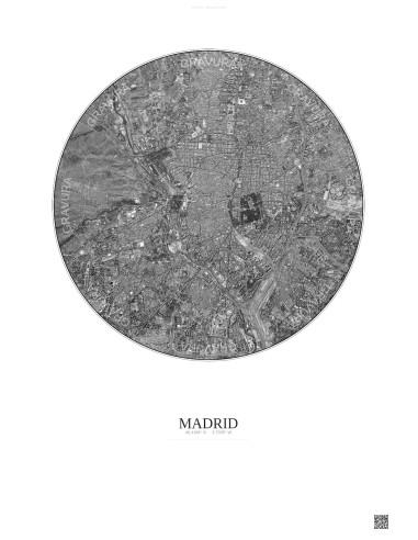 Madrid Satellite View Poster 6km B&W | Gravura – Light background