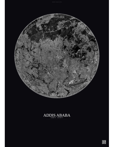 Affiche Addis Ababa – Poster vue satellite 10km N&B | Gravura – Fond foncé