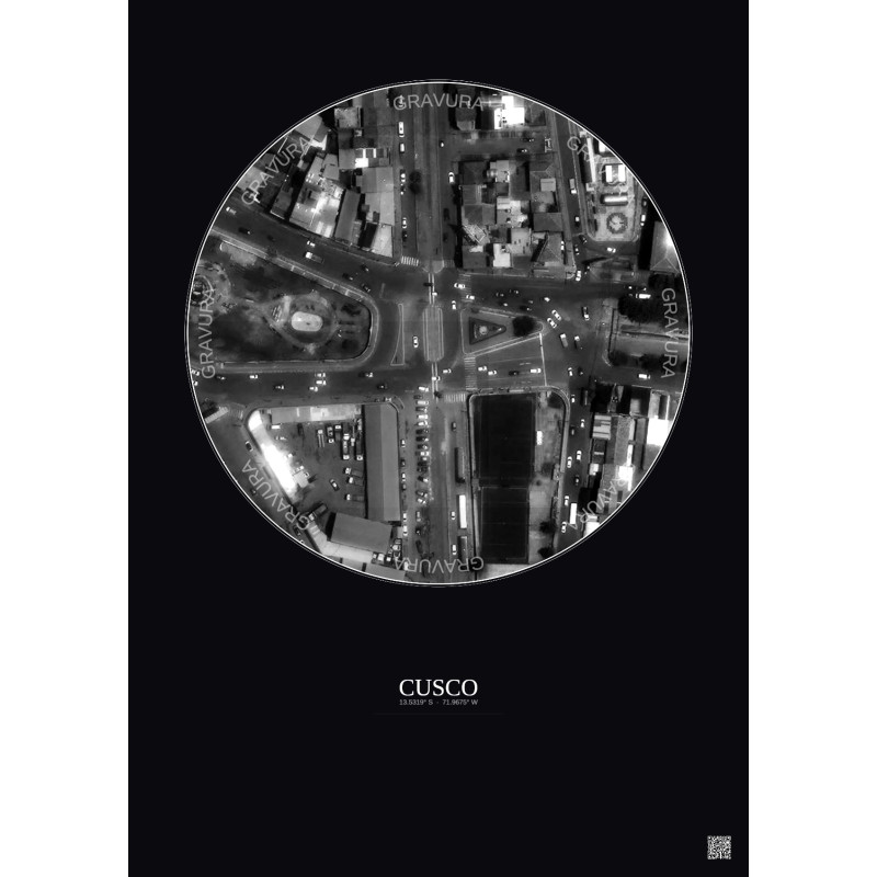 Affiche Cusco – Poster vue satellite 0.1km N&B | Gravura – Fond foncé