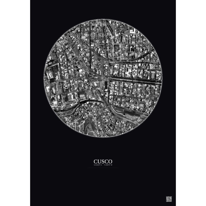 Affiche Cusco – Poster vue satellite 0.5km N&B | Gravura – Fond foncé