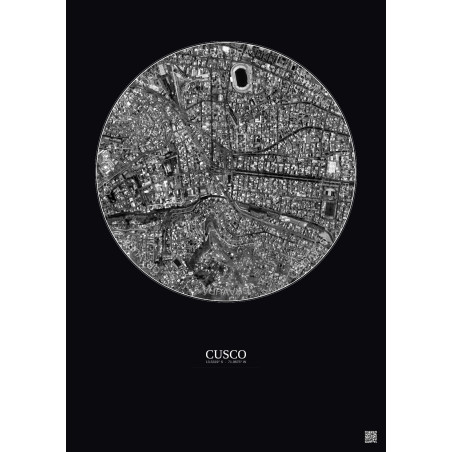 Affiche Cusco – Poster vue satellite 1km N&B | Gravura – Fond foncé