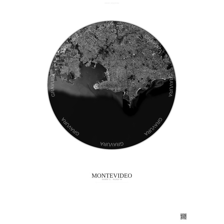 Affiche Montevideo – Poster vue satellite 10km N&B | Gravura – Fond clair