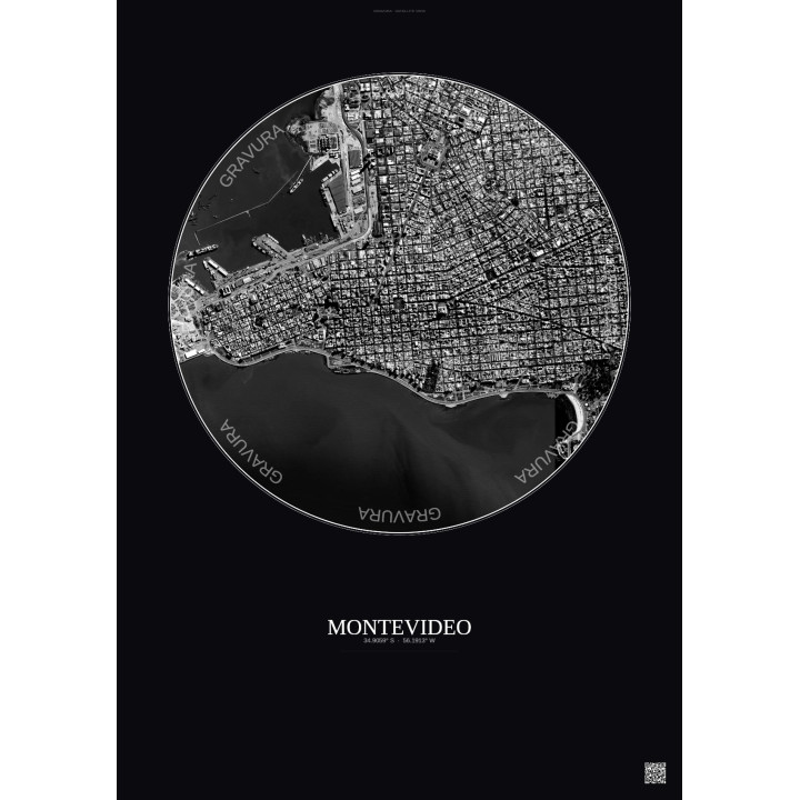 Affiche Montevideo – Poster vue satellite 2.5km N&B | Gravura – Fond foncé