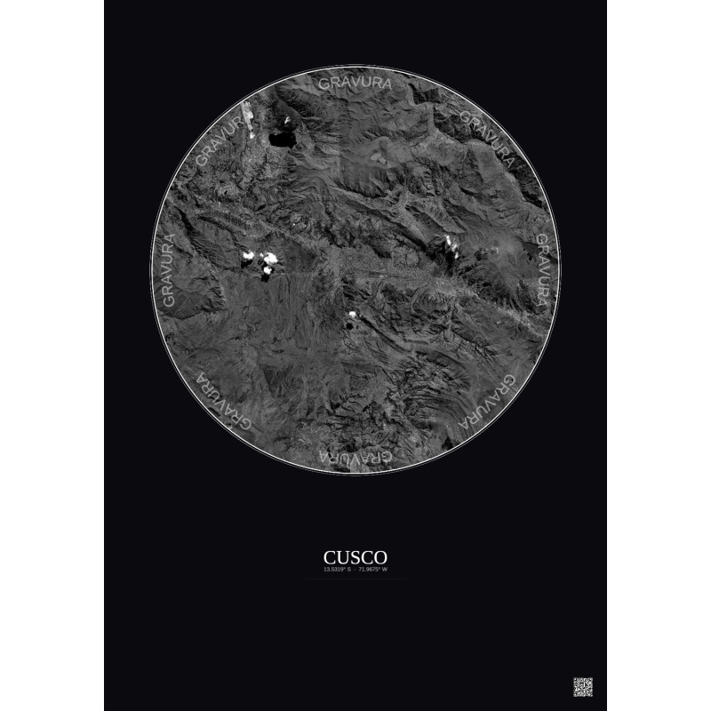 Affiche Cusco – Poster vue satellite 20km N&B | Gravura – Fond foncé