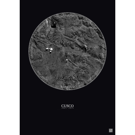 Affiche Cusco – Poster vue satellite 20km N&B | Gravura – Fond foncé