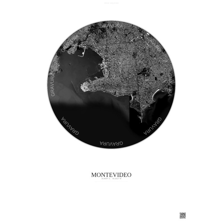 Affiche Montevideo – Poster vue satellite 6km N&B | Gravura – Fond clair