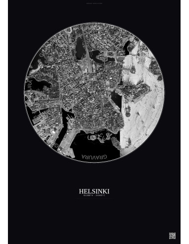 Affiche Helsinki – Poster vue satellite 2.5km N&B | Gravura – Fond foncé
