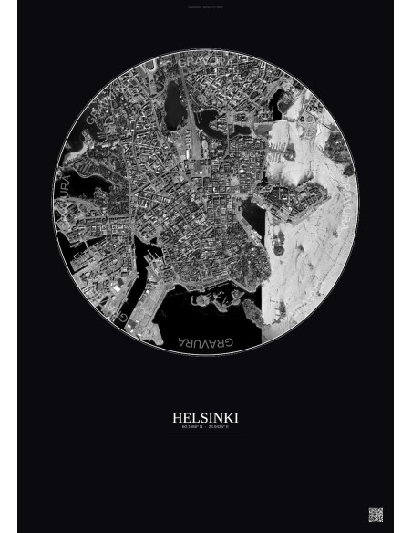 Affiche Helsinki – Poster vue satellite 2.5km N&B | Gravura – Fond foncé