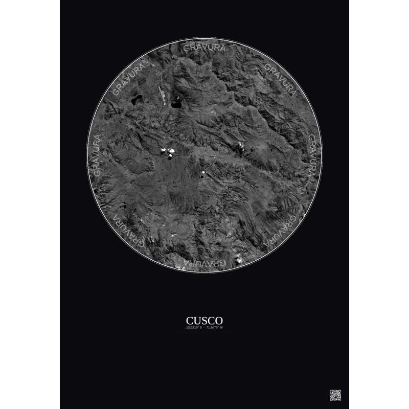 Affiche Cusco – Poster vue satellite 30km N&B | Gravura – Fond foncé