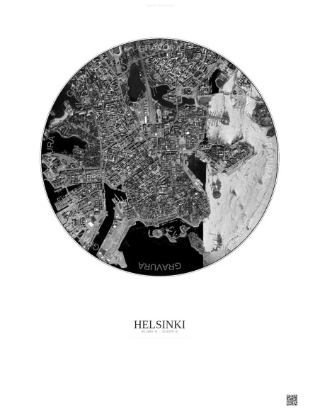 Affiche Helsinki – Poster vue satellite 2.5km N&B | Gravura – Fond clair