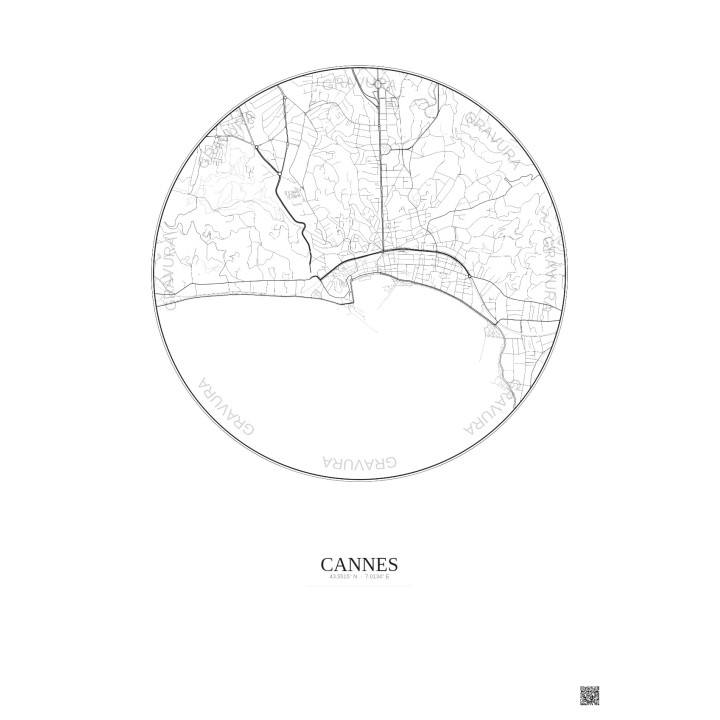 Affiche Cannes – Poster carte de ville 2.5km | Gravura – Fond clair