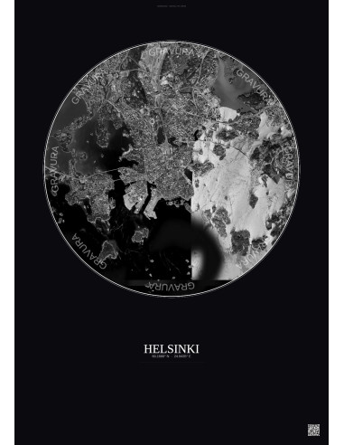 Helsinki Satellite View Poster 6km B&W | Gravura – Dark background