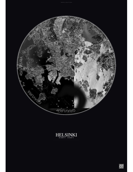 Helsinki Satellite View Poster 6km B&W | Gravura – Dark background