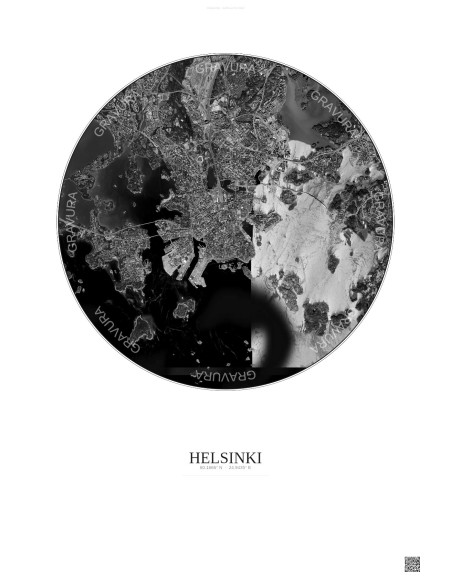 Affiche Helsinki – Poster vue satellite 6km N&B | Gravura – Fond clair