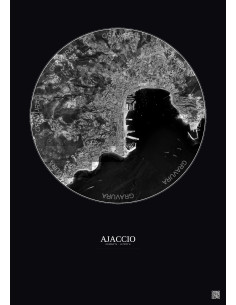 Affiche Ajaccio – Poster vue satellite 2.5km N&B | Gravura – Fond foncé
