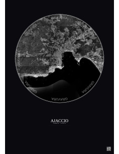 Affiche Ajaccio – Poster vue satellite 5km N&B | Gravura – Fond foncé