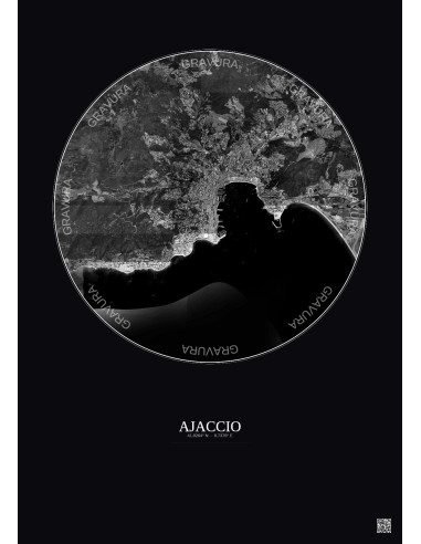Affiche Ajaccio – Poster vue satellite 5km N&B | Gravura – Fond foncé