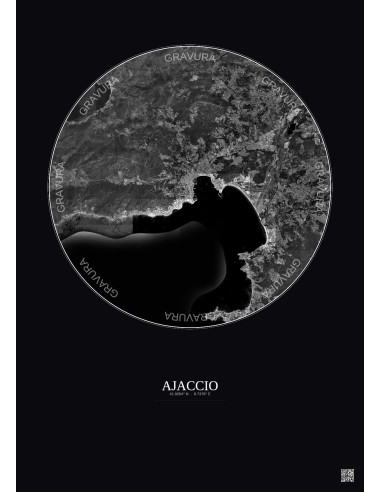 Affiche Ajaccio – Poster vue satellite 10km N&B | Gravura – Fond foncé