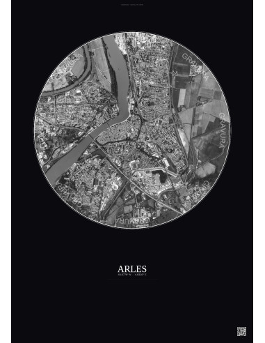 Affiche Arles – Poster vue satellite 2.5km N&B | Gravura – Fond foncé