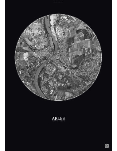 Affiche Arles – Poster vue satellite 5km N&B | Gravura – Fond foncé